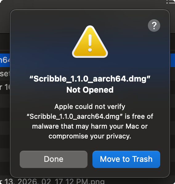 macOS warning — Scribble DMG Not Opened, Apple could not verify