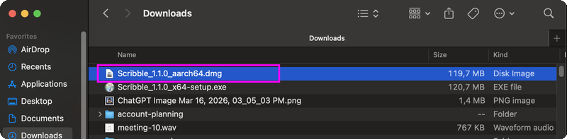macOS Downloads folder with Scribble DMG file highlighted