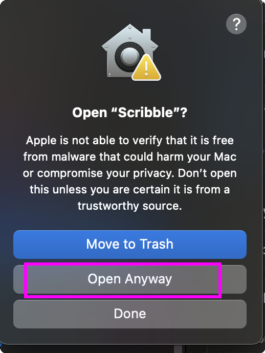macOS Gatekeeper final confirmation — Open Anyway with password