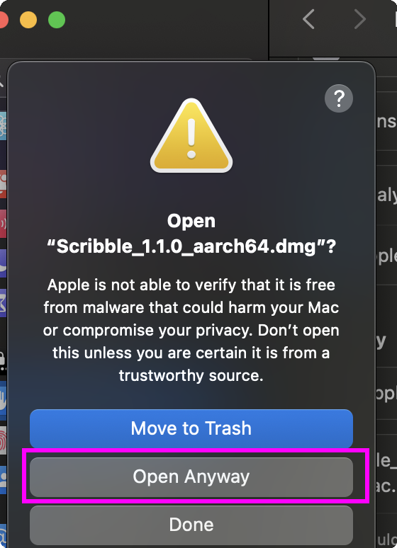 macOS Gatekeeper — Open Anyway confirmation for DMG