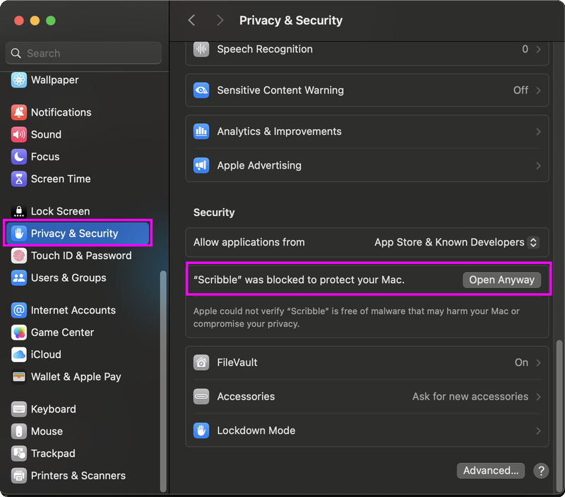 macOS Privacy & Security — Open Anyway for Scribble app