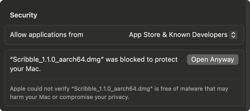 macOS Privacy & Security — Open Anyway for DMG