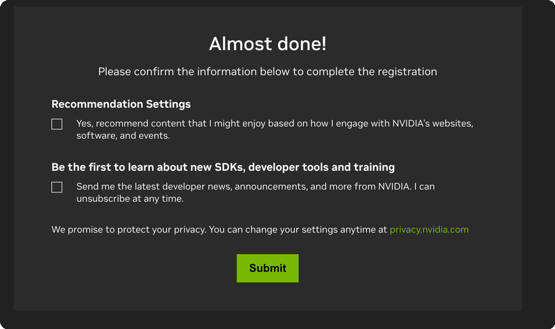 NVIDIA Almost done — complete registration with Submit button