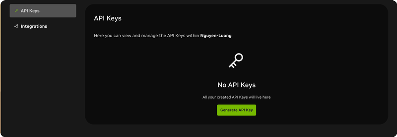 NVIDIA API Keys dashboard — Generate API Key button