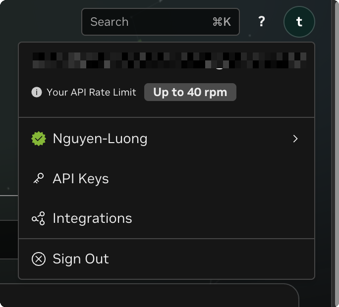 NVIDIA profile menu — API Keys option in dropdown