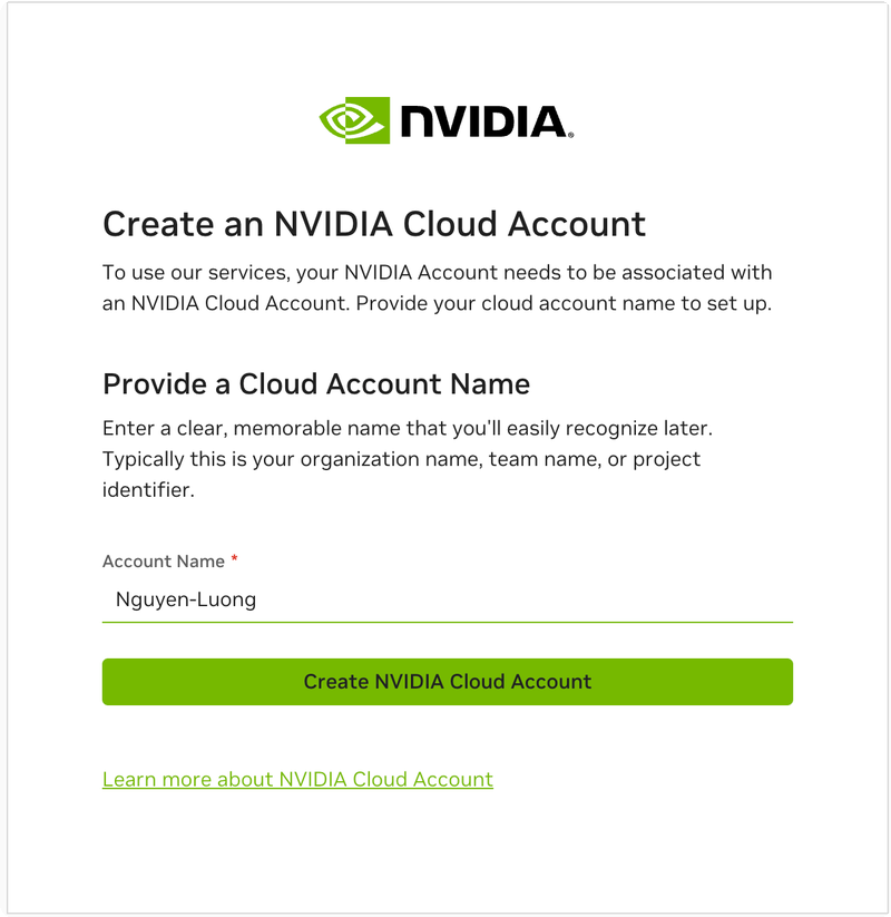 NVIDIA Cloud Account — enter account name and create