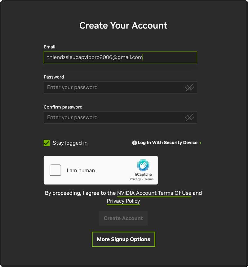 NVIDIA account creation form — email, password, hCaptcha