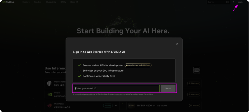 NVIDIA Build portal — Sign in with email to get started