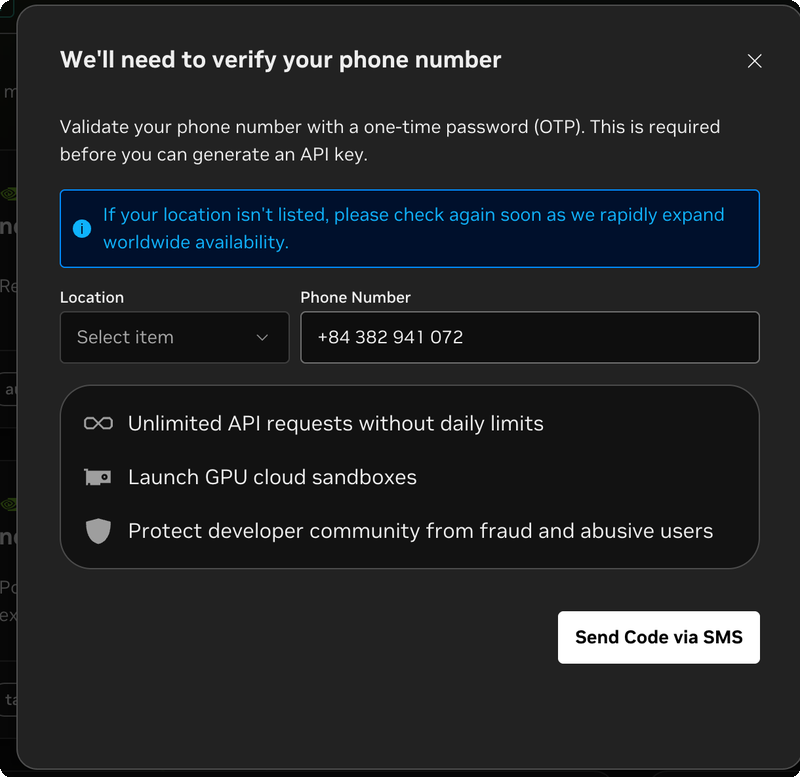 NVIDIA phone verification — enter phone number and send OTP code