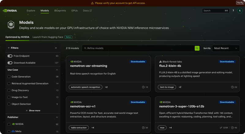 NVIDIA dashboard — Please verify your account banner with Verify button