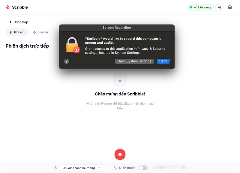 macOS Screen Recording permission dialog — Open System Settings
