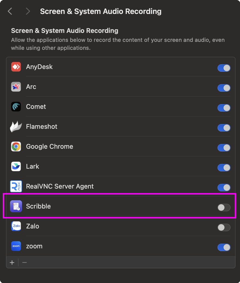 macOS Privacy & Security — toggle Scribble ON for Screen & System Audio Recording