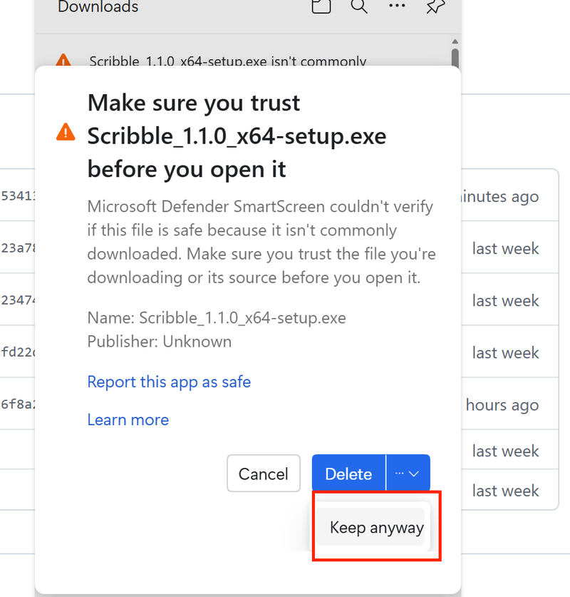 Edge browser — Keep anyway confirmation dialog