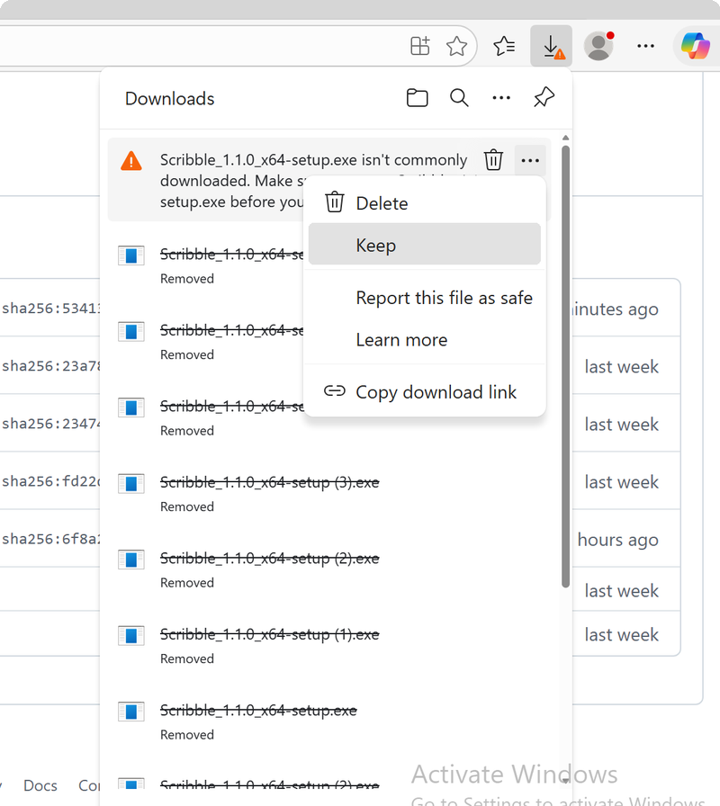 Edge browser — click three dots then Keep to save the download