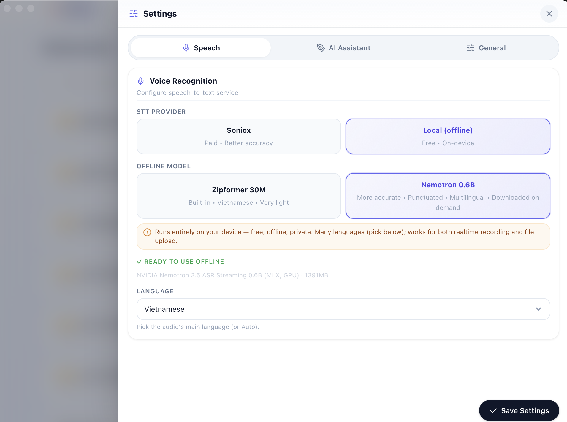 Scribble Settings — Speech-to-Text configuration
