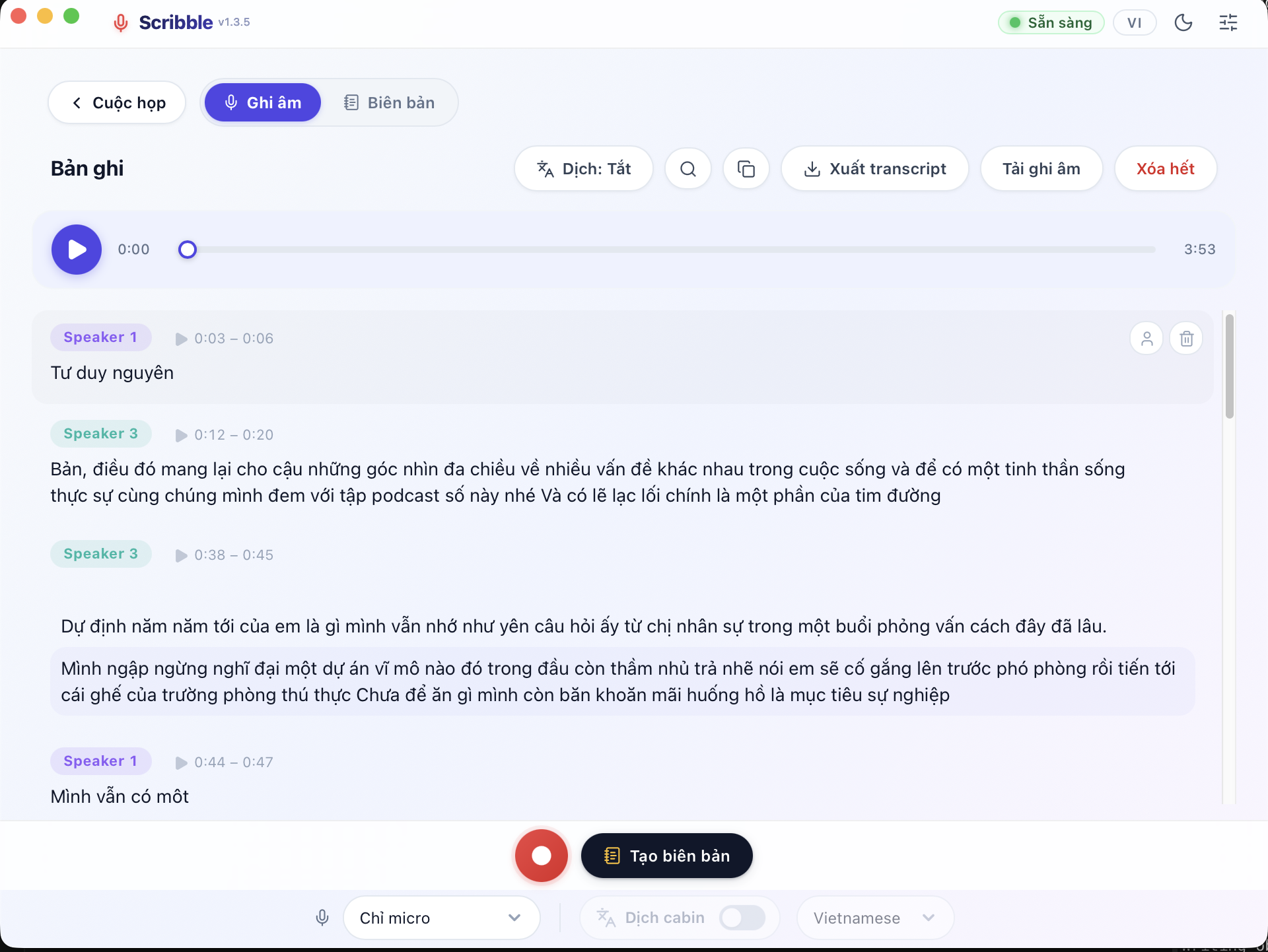 Scribble app demo showing real-time transcription and speaker diarization